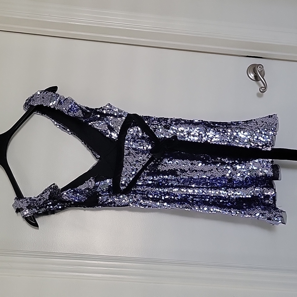 Free People Sequin Metallic Purple Black short dress party cocktail size 6 - Picture 4 of 17
